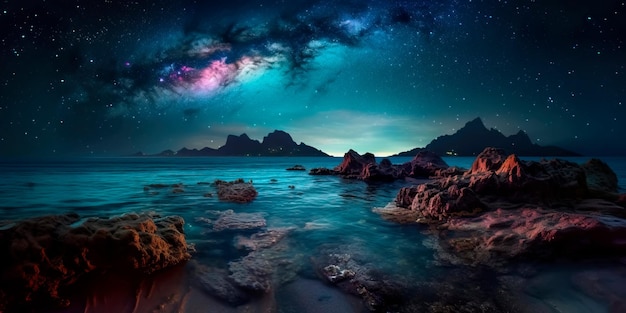 Seascape surreal com criaturas bioluminescentes e um céu iluminado pela lua Generative AI