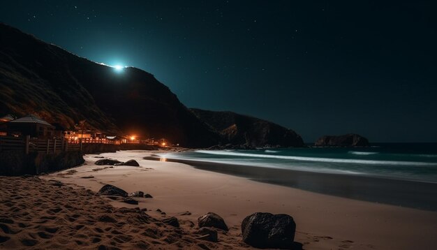 Foto seascape tranquilo iluminado pela via láctea estrelada no litoral rochoso gerado pela inteligência artificial