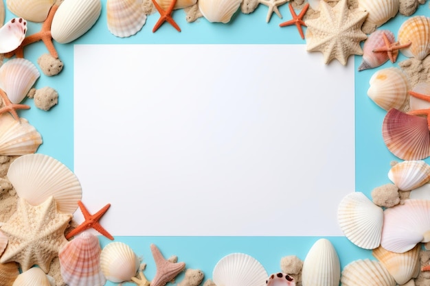 Seashell-Rahmen Sommer-Grußkarte und leeres Papier auf farbigem Hintergrund