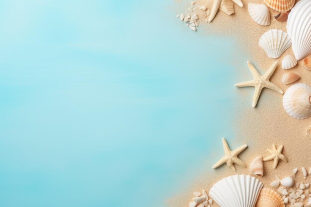 Seaside Dreams Vibrant Summer Flat Lay con estrellas de mar y conchas marinas que ofrecen mucho espacio para T
