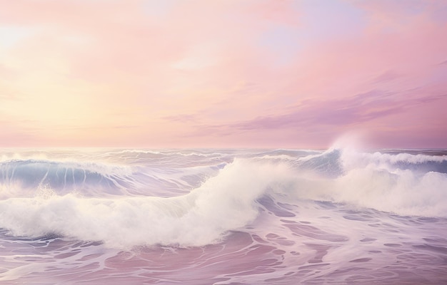Seaside Radiance Ein weißer Leinwanddruck mit Sonnenlicht und Ozean in Rosa- und Lilatönen