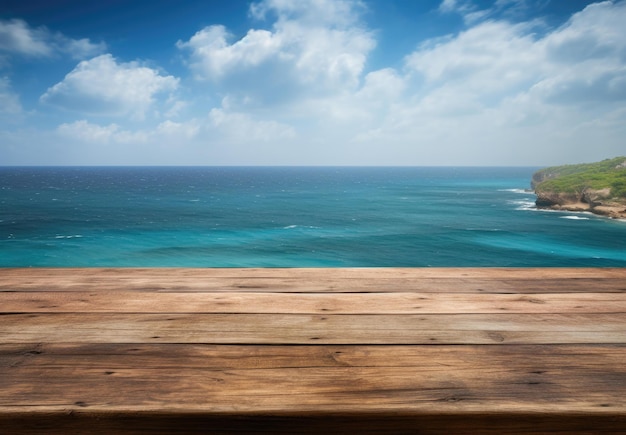 Seaside Serenity Eine fotorealistische Übertreibung eines marineblauen und cyanfarbenen Holztisches mit Meereshintergrund