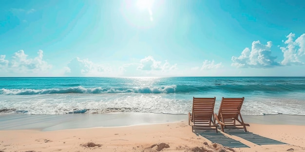 Seaside Serenity Sandy Beach com lounge chairs incorporando férias de verão e felicidade de férias