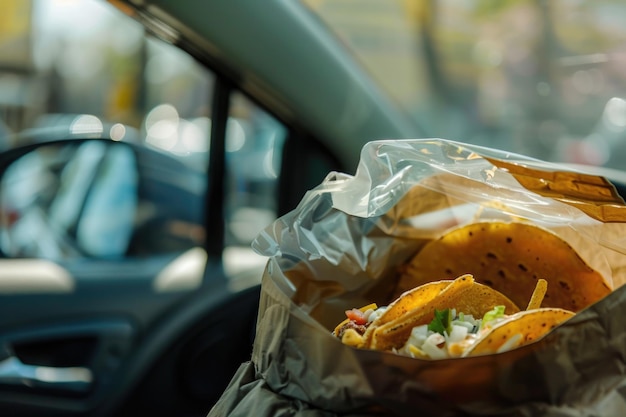 Foto seattle wa eua cerca de março de 2023 vista de perto de um saco de fast food taco bell dentro de um carro