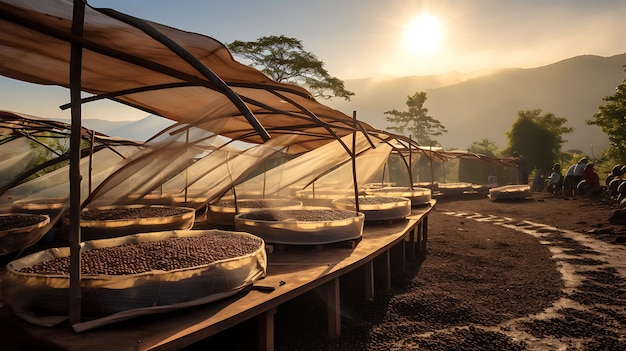 Secado de café en finca de café orgánico en estante elevado