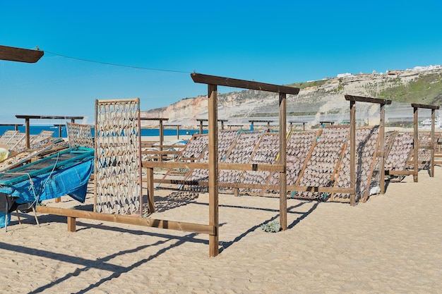 Secado de pescado tradicional en la playa de Nazare Portugal