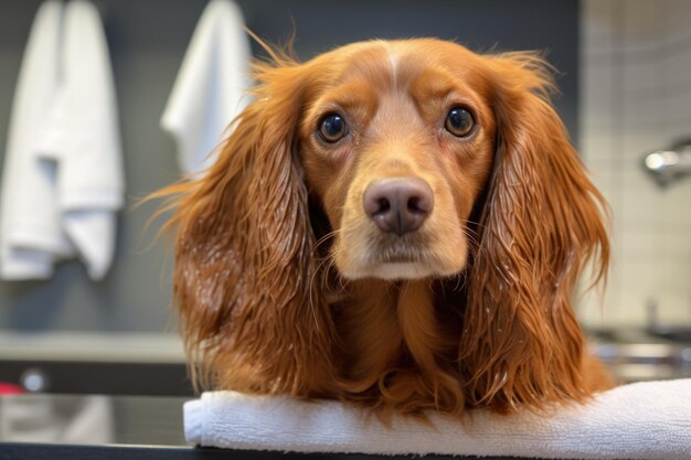 El secado con toalla para perros se centra en la textura del pelaje