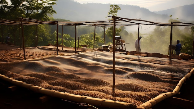 Foto secagem de café na fazenda de café orgânico em rack elevado