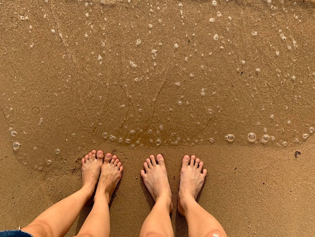 Foto seção baixa de amigas de pé na costa na praia