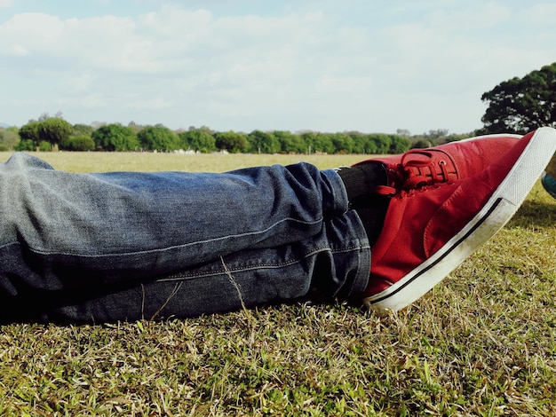 Seção baixa de homem relaxando em um campo de grama contra o céu