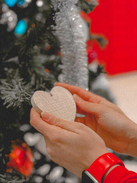 Seção baixa de mulher segurando árvore de Natal.