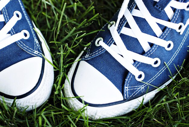 Foto seção baixa de pessoa vestindo sapatos de lona azul na grama