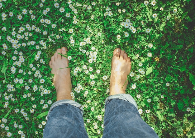 Seção baixa de um homem de pé em meio a flores no campo