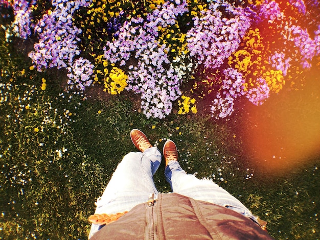 Foto seção baixa de um homem de pé por flores em um campo de grama no parque