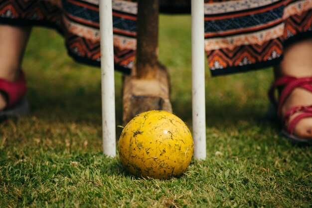 Foto seção baixa de um homem jogando bola na grama