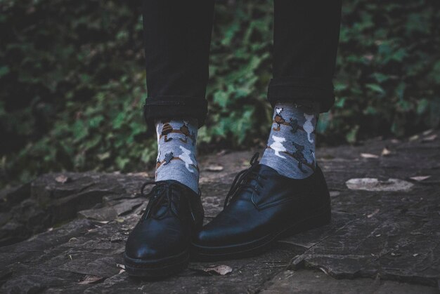 Foto seção baixa de um homem vestindo sapatos de couro preto enquanto está de pé na floresta