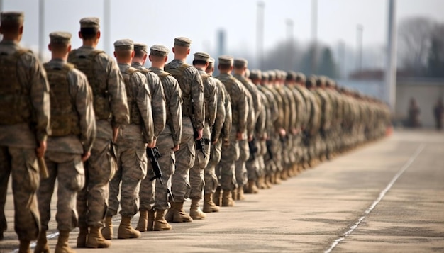 Seção de pernas de soldados em uniforme militar e botas em pé na fila no acampamento exército americano