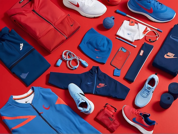 Foto seção de tendências agora destacando roupas e acessórios populares da nike em vermelho e azul