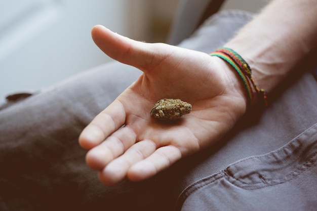 Foto seção do meio de um homem segurando maconha