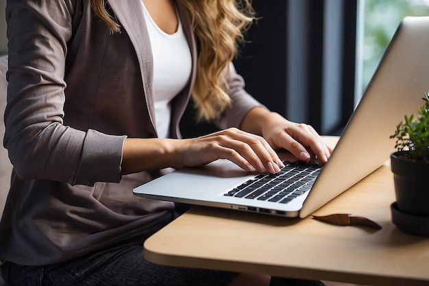 Seção do meio de uma mulher usando um laptop