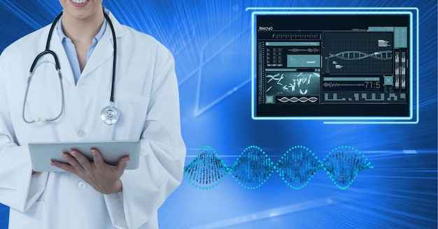 Seção intermediária de médica usando tablet digital contra processamento de dados médicos em fundo azul