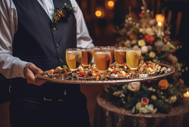 Seção média de garçons profissionais em uniforme servindo coquetéis de vinho e lanches durante a festa