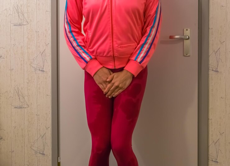 Foto seção média de mulher com leggings molhados de pé contra a porta