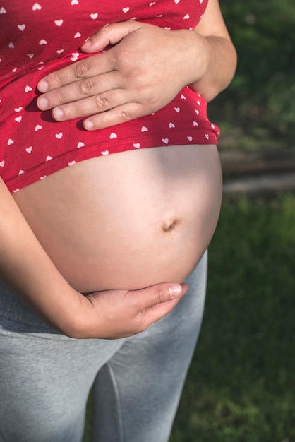 Foto seção média de mulher grávida com as mãos no estômago de pé no parque