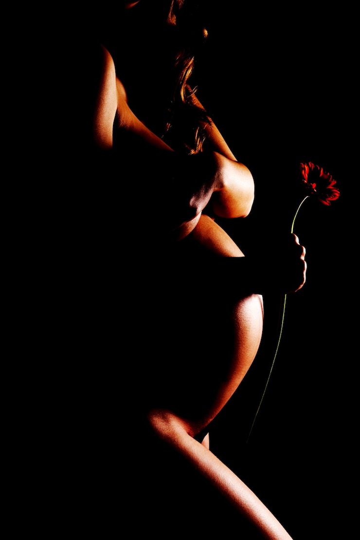 Foto seção média de mulher grávida nua segurando uma flor contra um fundo preto