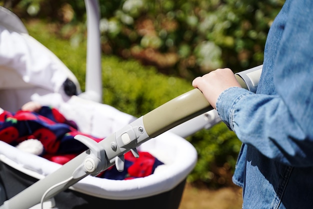 Seção média de mulher segurando as mãos no carrinho