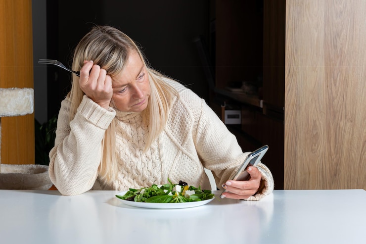 Foto seção média de mulher segurando comida enquanto está sentada na mesa