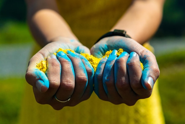 Seção média de mulher segurando tinta em pó durante o festival de Holi