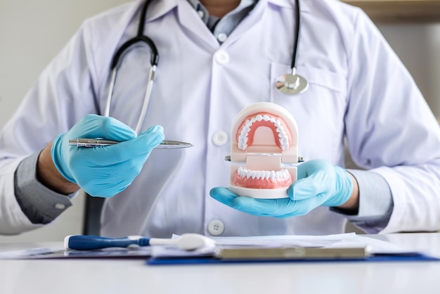 Seção média de um dentista explicando com prótese dentária em uma clínica médica