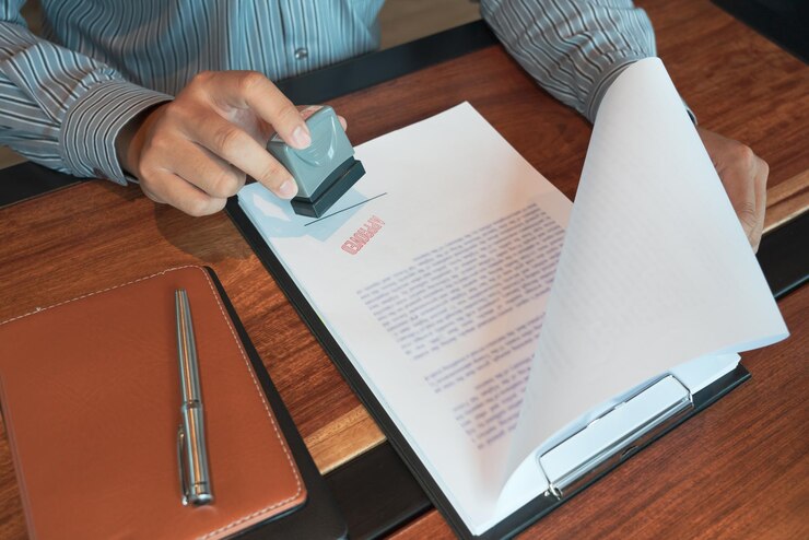 Foto seção média de um homem aplicando um selo em um documento na mesa