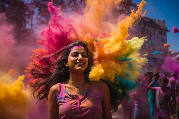 Seção média de uma pessoa segurando tintas em pó durante o festival de Holi