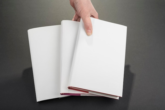 Seção média de uma pessoa segurando um livro contra um fundo cinzento