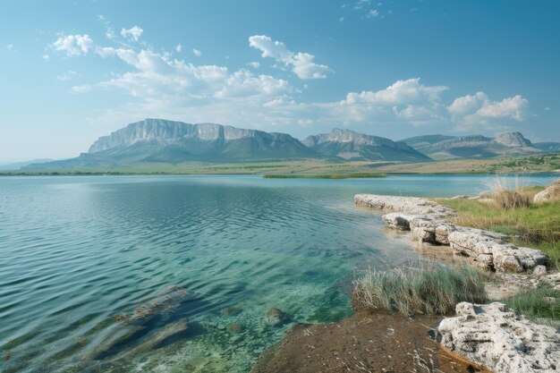 Foto seção salina do lago sivash com vista para as montanhas da crimeia