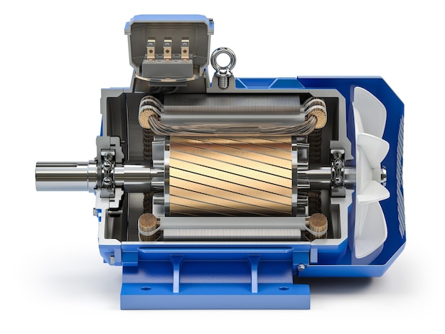 Seção transversal de peças de motor elétrico industrial e estrutura isolada em fundo branco