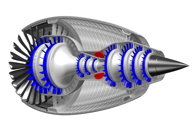 Seção transversal do motor a jato isolado no fundo branco