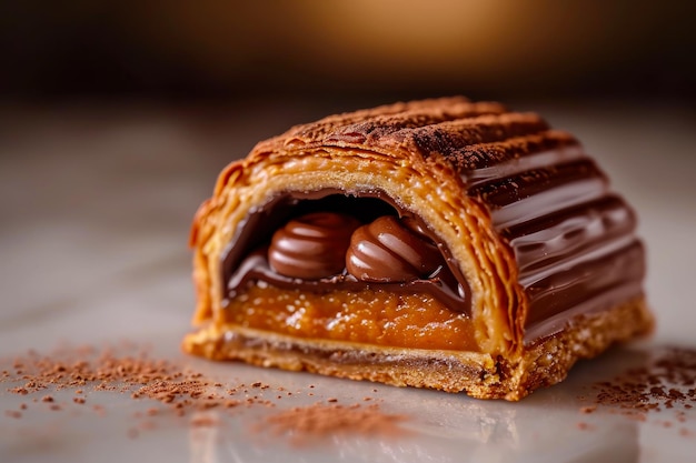 Foto secção de pastelaria de caramelo de chocolate com recheio