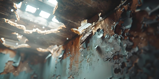 Foto secção do teto desabou devido a danos causados pela água, representando um perigo para os proprietários de casas. conceito colapso do teto danos causados pela agua condição perigosa proprietários de casas39 segurança integridade estrutural