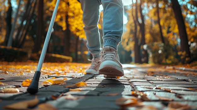 Foto secção inferior de uma pessoa com deficiência visual a caminhar na rua