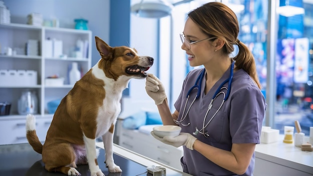 Secção média de cão de alimentação veterinário fêmea na clínica