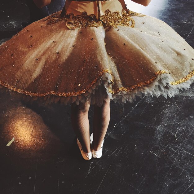 Foto sección baja de una bailarina de ballet de pie en el piso