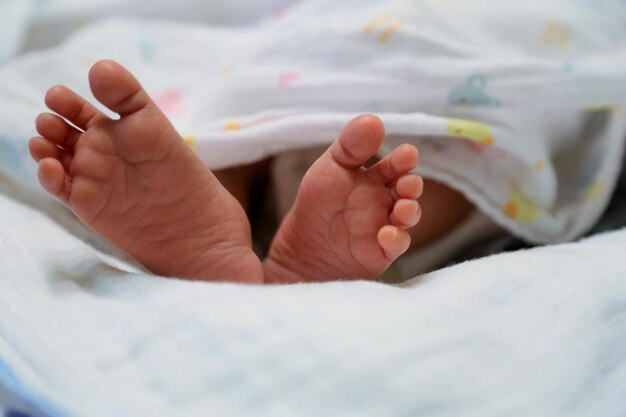 Sección baja del bebé descansando en la cama