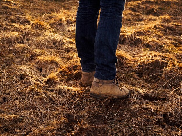 Foto sección baja de un hombre de pie en un campo de hierba
