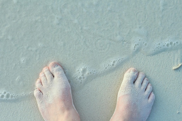 Sección baja de una mujer de pie en la orilla de la playa