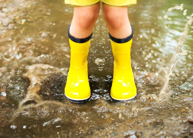 Foto sección baja del niño de pie en el agua