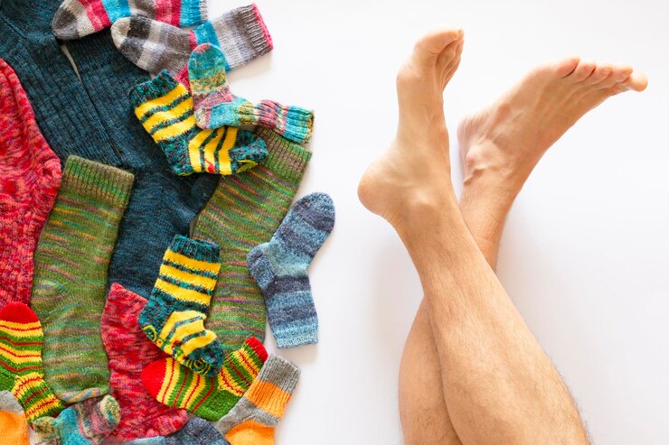 Foto sección baja de una persona con calcetines de varios colores contra un fondo blanco