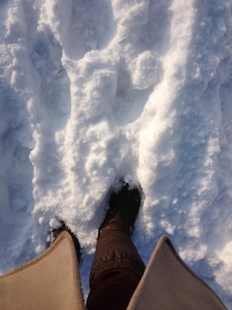 Foto sección baja de una persona de pie en un campo cubierto de nieve